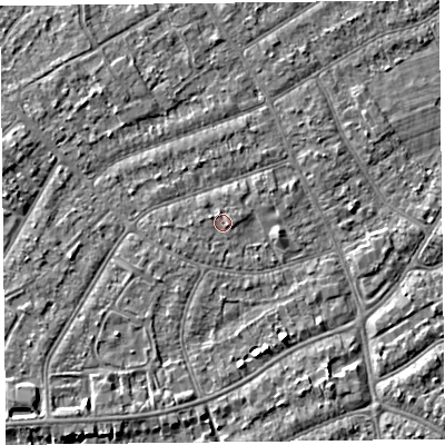 Shaded relief map of the ground around PR99RW, computed from Environment Agency LiDAR. The ground here sits at about 6 m above sea level and falls 3 m across the surrounding 800 m. Surface water reaching this point runs off ground lying to the west-north-west, 0.7 m higher.