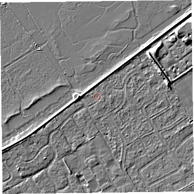 Shaded relief map of the ground around PR99RX, computed from Environment Agency LiDAR. The ground here sits at about 5 m above sea level and falls 6 m across the surrounding 800 m. The ground contributing surface water to this point lies to the east-south-east.