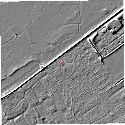 Shaded relief map of the ground around PR99RY, computed from Environment Agency LiDAR. The ground here sits at about 5 m above sea level and falls 8 m across the surrounding 800 m. Surface water reaching this point runs off ground lying to the south-south-east, 0.7 m higher.