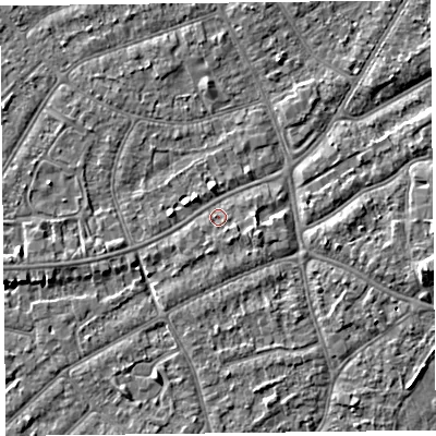 Shaded relief map of the ground around PR99RZ, computed from Environment Agency LiDAR. The ground here sits at about 6 m above sea level and falls 5 m across the surrounding 800 m. Surface water reaching this point runs off ground lying to the west-south-west, 1.0 m higher.