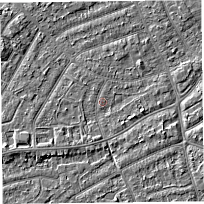Shaded relief map of the ground around PR99SA, computed from Environment Agency LiDAR. The ground here sits at about 6 m above sea level and falls 3 m across the surrounding 800 m. Surface water reaching this point runs off ground lying to the north-north-west, 0.5 m higher.