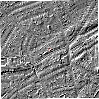 Shaded relief map of the ground around PR99SB, computed from Environment Agency LiDAR. The ground here sits at about 6 m above sea level and falls 4 m across the surrounding 800 m. Surface water reaching this point runs off ground lying to the east-south-east, 1.8 m higher.
