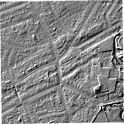 Shaded relief map of the ground around PR99SD, computed from Environment Agency LiDAR. The ground here sits at about 6 m above sea level and falls 6 m across the surrounding 800 m. Surface water reaching this point runs off ground lying to the south-west, 2.1 m higher.