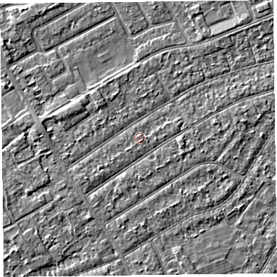 Shaded relief map of the ground around PR99SH, computed from Environment Agency LiDAR. The ground here sits at about 6 m above sea level and falls 2 m across the surrounding 800 m. The ground contributing surface water to this point lies to the south-west.