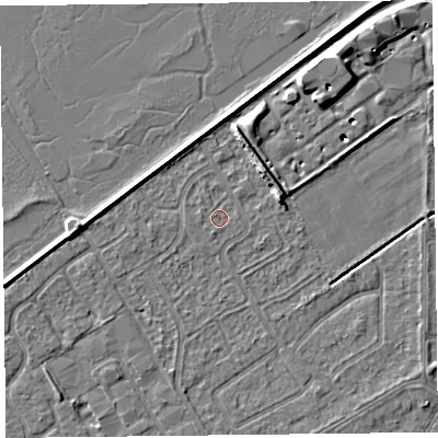 Shaded relief map of the ground around PR99SL, computed from Environment Agency LiDAR. The ground here sits at about 5 m above sea level and falls 8 m across the surrounding 800 m. The ground contributing surface water to this point lies to the south.