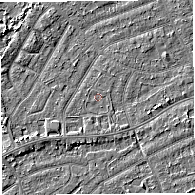 Shaded relief map of the ground around PR99SN, computed from Environment Agency LiDAR. The ground here sits at about 6 m above sea level and falls 4 m across the surrounding 800 m. Surface water reaching this point runs off ground lying to the south-west, 0.9 m higher.