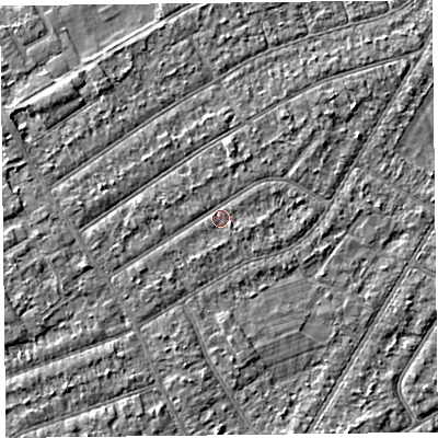 Shaded relief map of the ground around PR99SP, computed from Environment Agency LiDAR. The ground here sits at about 5 m above sea level and falls 2 m across the surrounding 800 m. Surface water reaching this point runs off ground lying to the west-south-west, 1.1 m higher.