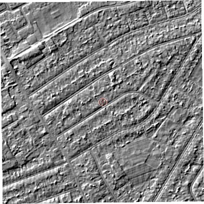 Shaded relief map of the ground around PR99SR, computed from Environment Agency LiDAR. The ground here sits at about 5 m above sea level and falls 2 m across the surrounding 800 m. Surface water reaching this point runs off ground lying to the west-south-west, 1.2 m higher.