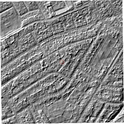 Shaded relief map of the ground around PR99SS, computed from Environment Agency LiDAR. The ground here sits at about 6 m above sea level and falls 2 m across the surrounding 800 m. The ground contributing surface water to this point lies to the north-east.