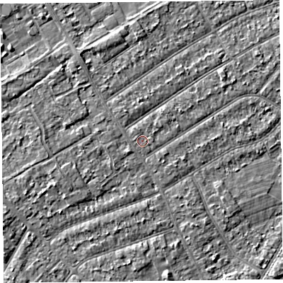Shaded relief map of the ground around PR99SU, computed from Environment Agency LiDAR. The ground here sits at about 6 m above sea level and falls 2 m across the surrounding 800 m. The ground contributing surface water to this point lies to the north-north-west.