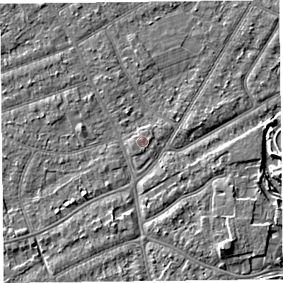 Shaded relief map of the ground around PR99SW, computed from Environment Agency LiDAR. The ground here sits at about 6 m above sea level and falls 6 m across the surrounding 800 m. Surface water reaching this point runs off ground lying to the east-north-east, 0.7 m higher.