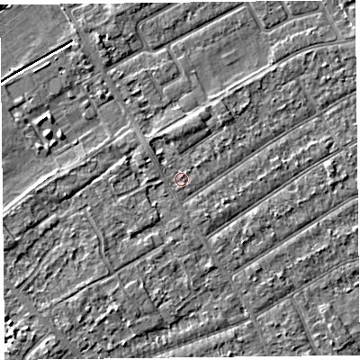 Shaded relief map of the ground around PR99SX, computed from Environment Agency LiDAR. The ground here sits at about 6 m above sea level and falls 3 m across the surrounding 800 m. Surface water reaching this point runs off ground lying to the south, 1.1 m higher.