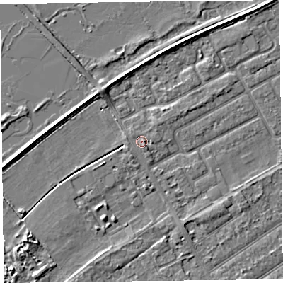 Shaded relief map of the ground around PR99SZ, computed from Environment Agency LiDAR. The ground here sits at about 6 m above sea level and falls 4 m across the surrounding 800 m. Surface water reaching this point runs off ground lying to the south-east, 0.8 m higher.