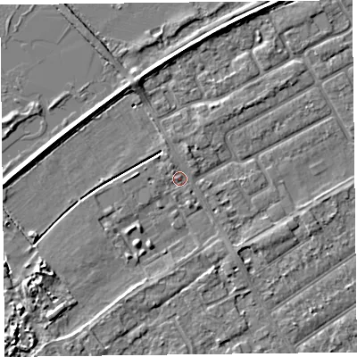Shaded relief map of the ground around PR99TE, computed from Environment Agency LiDAR. The ground here sits at about 6 m above sea level and falls 4 m across the surrounding 800 m. Surface water reaching this point runs off ground lying to the south-west, 2.0 m higher.