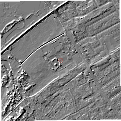 Shaded relief map of the ground around PR99TF, computed from Environment Agency LiDAR. The ground here sits at about 5 m above sea level and falls 5 m across the surrounding 800 m. Surface water reaching this point runs off ground lying to the south-west, 2.2 m higher.