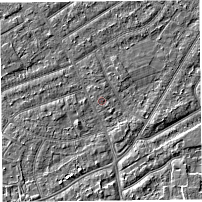 Shaded relief map of the ground around PR99TH, computed from Environment Agency LiDAR. The ground here sits at about 6 m above sea level and falls 3 m across the surrounding 800 m. Surface water reaching this point runs off ground lying to the north, 0.7 m higher.