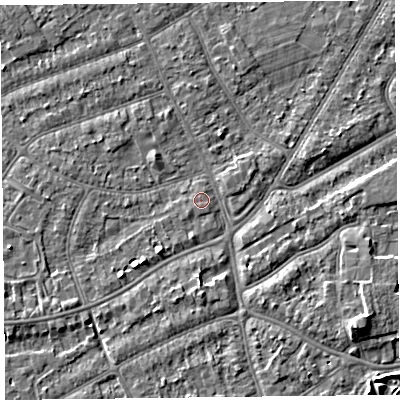 Shaded relief map of the ground around PR99TL, computed from Environment Agency LiDAR. The ground here sits at about 6 m above sea level and falls 5 m across the surrounding 800 m. Surface water reaching this point runs off ground lying to the south-west, 0.5 m higher.