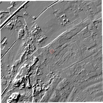 Shaded relief map of the ground around PR99TN, computed from Environment Agency LiDAR. The ground here sits at about 6 m above sea level and falls 8 m across the surrounding 800 m. Surface water reaching this point runs off ground lying to the north-east, 1.0 m higher.