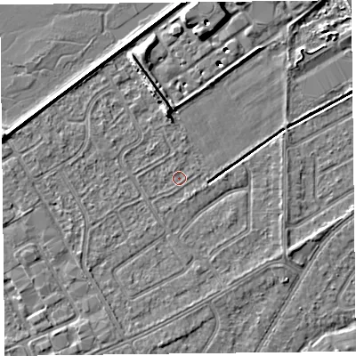 Shaded relief map of the ground around PR99TP, computed from Environment Agency LiDAR. The ground here sits at about 5 m above sea level and falls 8 m across the surrounding 800 m. Surface water reaching this point runs off ground lying to the west-north-west, 3.5 m higher.