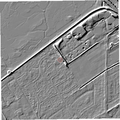 Shaded relief map of the ground around PR99TR, computed from Environment Agency LiDAR. The ground here sits at about 5 m above sea level and falls 10 m across the surrounding 800 m. Surface water reaching this point runs off ground lying to the north-north-east, 6.1 m higher.