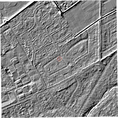 Shaded relief map of the ground around PR99TS, computed from Environment Agency LiDAR. The ground here sits at about 5 m above sea level and falls 4 m across the surrounding 800 m. Surface water reaching this point runs off ground lying to the east-south-east, 0.8 m higher.