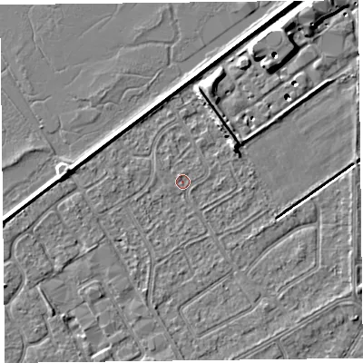 Shaded relief map of the ground around PR99TT, computed from Environment Agency LiDAR. The ground here sits at about 5 m above sea level and falls 8 m across the surrounding 800 m. Surface water reaching this point runs off ground lying to the north-north-west, 0.6 m higher.