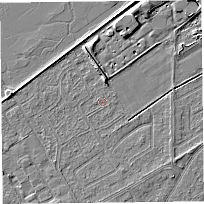 Shaded relief map of the ground around PR99TU, computed from Environment Agency LiDAR. The ground here sits at about 5 m above sea level and falls 8 m across the surrounding 800 m. Surface water reaching this point runs off ground lying to the north-north-east, 7.8 m higher.