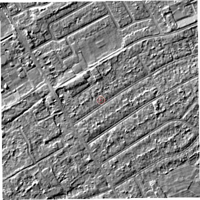 Shaded relief map of the ground around PR99TX, computed from Environment Agency LiDAR. The ground here sits at about 6 m above sea level and falls 2 m across the surrounding 800 m. Surface water reaching this point runs off ground lying to the south-west, 1.1 m higher.