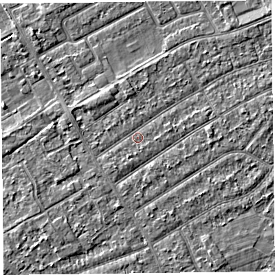 Shaded relief map of the ground around PR99TY, computed from Environment Agency LiDAR. The ground here sits at about 5 m above sea level and falls 3 m across the surrounding 800 m. Surface water reaching this point runs off ground lying to the south-west, 1.1 m higher.
