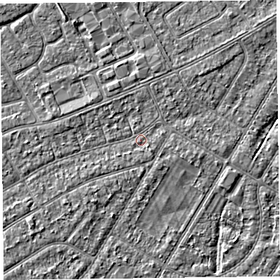 Shaded relief map of the ground around PR99UB, computed from Environment Agency LiDAR. The ground here sits at about 5 m above sea level and falls 3 m across the surrounding 800 m. Surface water reaching this point runs off ground lying to the south-west, 1.1 m higher.
