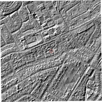 Shaded relief map of the ground around PR99UD, computed from Environment Agency LiDAR. The ground here sits at about 5 m above sea level and falls 2 m across the surrounding 800 m. Surface water reaching this point runs off ground lying to the north-west, 0.9 m higher.
