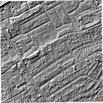 Shaded relief map of the ground around PR99UE, computed from Environment Agency LiDAR. The ground here sits at about 5 m above sea level and falls 3 m across the surrounding 800 m. Surface water reaching this point runs off ground lying to the west-south-west, 1.1 m higher.