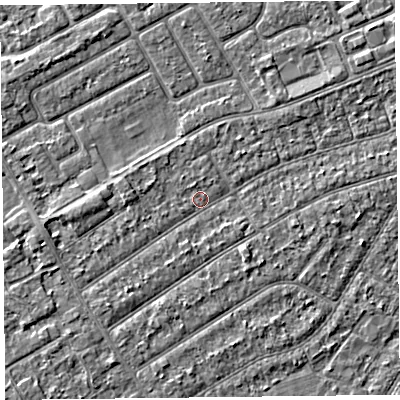 Shaded relief map of the ground around PR99UG, computed from Environment Agency LiDAR. The ground here sits at about 5 m above sea level and falls 2 m across the surrounding 800 m. Surface water reaching this point runs off ground lying to the south-west, 1.3 m higher.