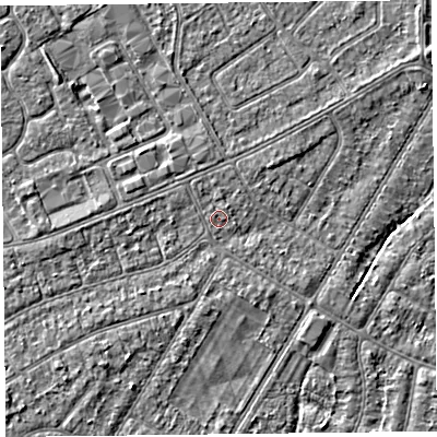 Shaded relief map of the ground around PR99UH, computed from Environment Agency LiDAR. The ground here sits at about 5 m above sea level and falls 3 m across the surrounding 800 m. Surface water reaching this point runs off ground lying to the north-north-west, 0.6 m higher.