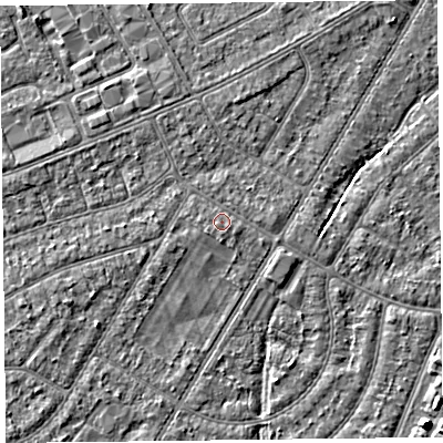 Shaded relief map of the ground around PR99UJ, computed from Environment Agency LiDAR. The ground here sits at about 5 m above sea level and falls 4 m across the surrounding 800 m. Surface water reaching this point runs off ground lying to the east-south-east, 0.7 m higher.