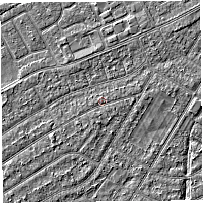 Shaded relief map of the ground around PR99UL, computed from Environment Agency LiDAR. The ground here sits at about 6 m above sea level and falls 2 m across the surrounding 800 m. Surface water reaching this point runs off ground lying to the south-west, 0.7 m higher.