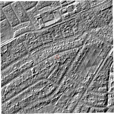 Shaded relief map of the ground around PR99UP, computed from Environment Agency LiDAR. The ground here sits at about 6 m above sea level and falls 2 m across the surrounding 800 m. Surface water reaching this point runs off ground lying to the south-west, 0.7 m higher.