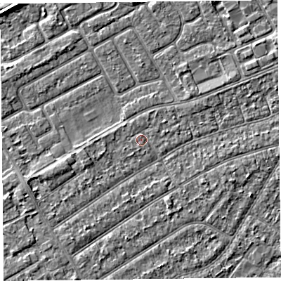 Shaded relief map of the ground around PR99UQ, computed from Environment Agency LiDAR. The ground here sits at about 5 m above sea level and falls 3 m across the surrounding 800 m. Surface water reaching this point runs off ground lying to the west-north-west, 0.6 m higher.