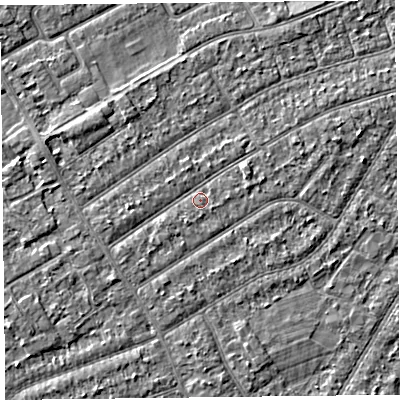 Shaded relief map of the ground around PR99UR, computed from Environment Agency LiDAR. The ground here sits at about 6 m above sea level and falls 2 m across the surrounding 800 m. Surface water reaching this point runs off ground lying to the south-south-west, 0.8 m higher.