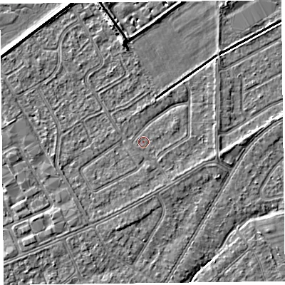 Shaded relief map of the ground around PR99UU, computed from Environment Agency LiDAR. The ground here sits at about 5 m above sea level and falls 7 m across the surrounding 800 m. Surface water reaching this point runs off ground lying to the south-east, 0.8 m higher.