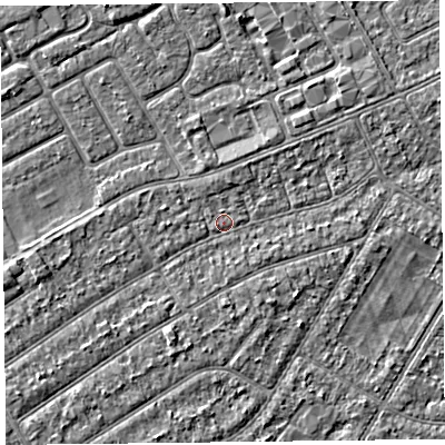 Shaded relief map of the ground around PR99UW, computed from Environment Agency LiDAR. The ground here sits at about 5 m above sea level and falls 2 m across the surrounding 800 m. Surface water reaching this point runs off ground lying to the south-west, 1.4 m higher.