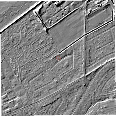 Shaded relief map of the ground around PR99UY, computed from Environment Agency LiDAR. The ground here sits at about 5 m above sea level and falls 8 m across the surrounding 800 m. Surface water reaching this point runs off ground lying to the south-east, 2.2 m higher.
