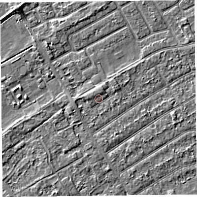 Shaded relief map of the ground around PR99WB, computed from Environment Agency LiDAR. The ground here sits at about 6 m above sea level and falls 3 m across the surrounding 800 m. Surface water reaching this point runs off ground lying to the west-north-west, 1.1 m higher.