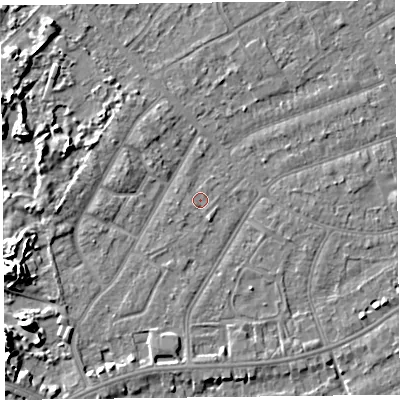 Shaded relief map of the ground around PR99WL, computed from Environment Agency LiDAR. The ground here sits at about 6 m above sea level and falls 8 m across the surrounding 800 m. Surface water reaching this point runs off ground lying to the west, 0.7 m higher.