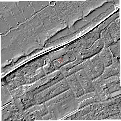 Shaded relief map of the ground around PR99XA, computed from Environment Agency LiDAR. The ground here sits at about 5 m above sea level and falls 3 m across the surrounding 800 m. Surface water reaching this point runs off ground lying to the north-east, 0.7 m higher.