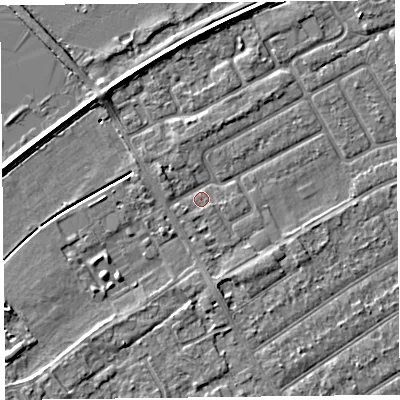 Shaded relief map of the ground around PR99XB, computed from Environment Agency LiDAR. The ground here sits at about 5 m above sea level and falls 3 m across the surrounding 800 m. Surface water reaching this point runs off ground lying to the north-west, 1.5 m higher.