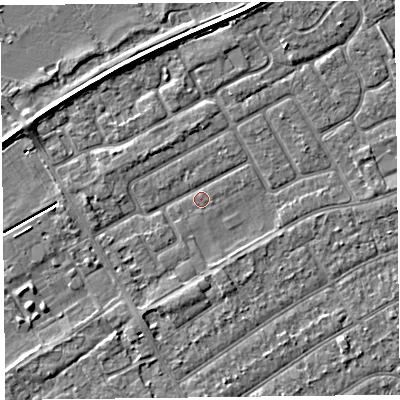 Shaded relief map of the ground around PR99XE, computed from Environment Agency LiDAR. The ground here sits at about 5 m above sea level and falls 3 m across the surrounding 800 m. Surface water reaching this point runs off ground lying to the south-south-west, 1.6 m higher.
