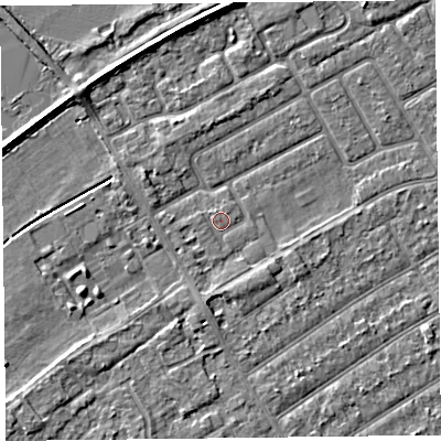 Shaded relief map of the ground around PR99XF, computed from Environment Agency LiDAR. The ground here sits at about 5 m above sea level and falls 3 m across the surrounding 800 m. The ground contributing surface water to this point lies to the west.