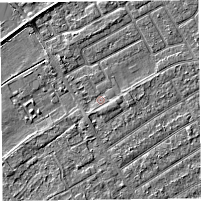 Shaded relief map of the ground around PR99XH, computed from Environment Agency LiDAR. The ground here sits at about 5 m above sea level and falls 3 m across the surrounding 800 m. Surface water reaching this point runs off ground lying to the south, 1.3 m higher.