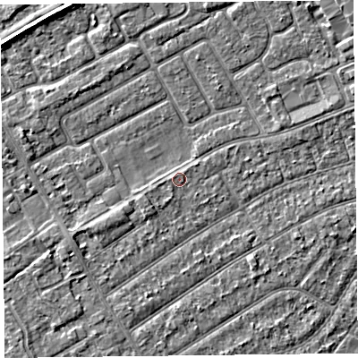 Shaded relief map of the ground around PR99XJ, computed from Environment Agency LiDAR. The ground here sits at about 5 m above sea level and falls 3 m across the surrounding 800 m. Surface water reaching this point runs off ground lying to the south-south-west, 0.7 m higher.